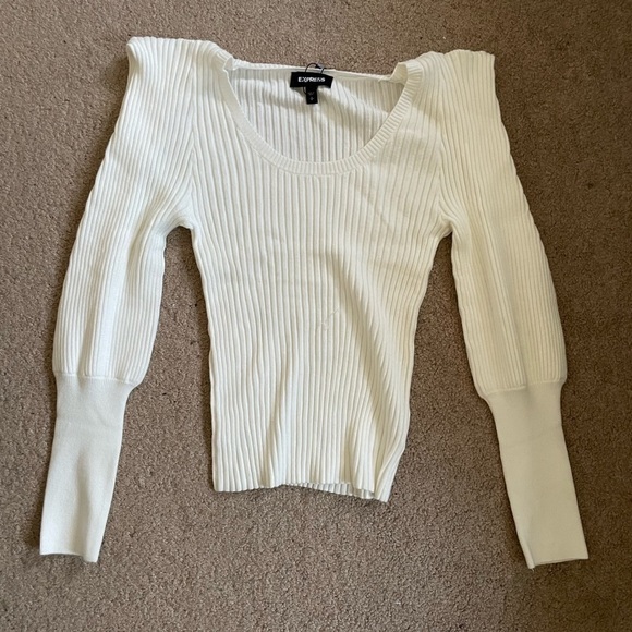 Express White Ribbed Sharp Shoulder Balloon Sleeve Sweater Size Small - Picture 8 of 9
